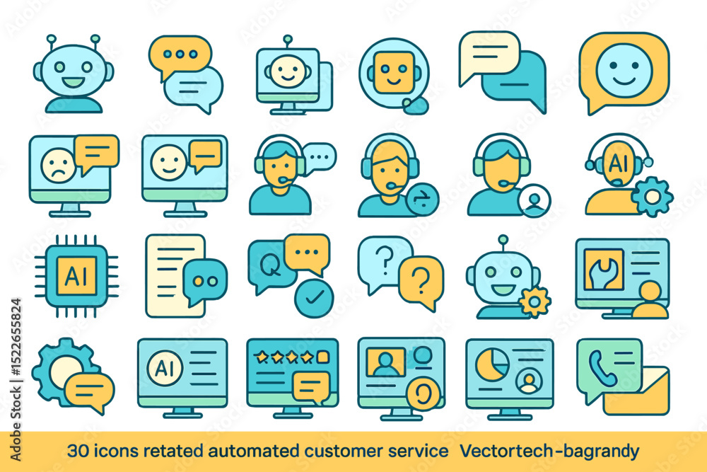 Poster set of 30 icons representing automated customer service technology for various applications in moder