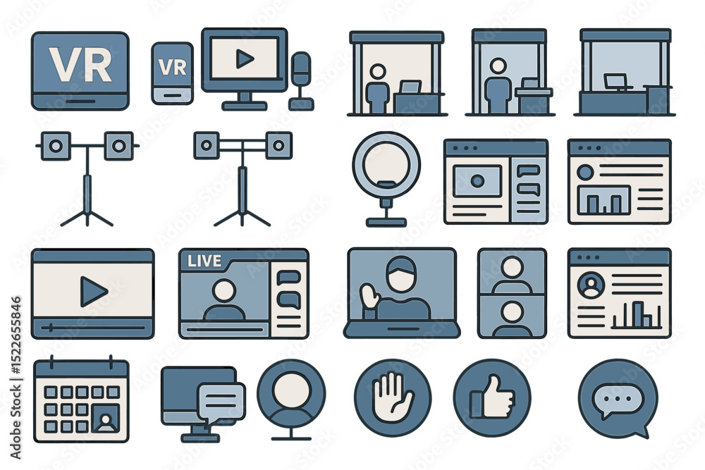 Poster virtual reality and online engagement tools displayed in a modern design environment for digital int