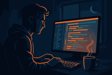 Late night coding session in a cozy workspace with warm ambient light