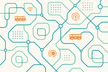 Complex network design featuring public transportation routes and connectivity symbols in vibrant colors