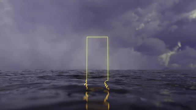 Luminous neon rectangle hovering above ocean surface, casting ethereal reflections on tranquil waters beneath dramatic cloudy night sky, symbolizing mysterious interdimensional passage