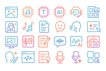 Neon gradient icons set for AI, media, and voice interface tools