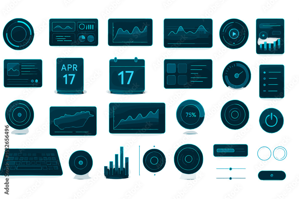 Poster visual representation of data analytics tools and dashboard elements for modern applications and rep