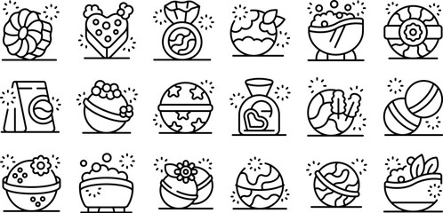 Bath bomb icons set. Colorful bath bombs with various shapes and textures, adding a touch of luxury and self care to bath time