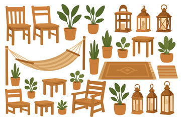Outdoor furniture and decor including chairs, hammock, plants, and lanterns.