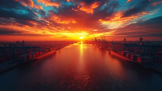 Large sunset panorama of a container terminal in Hamburg