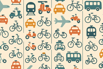 Seamless pattern of various transportation icons in flat style