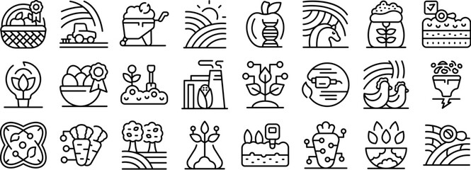 Agroecology icons set. Innovative agricultural practices using technology for improved crop production, soil health, and sustainable farming