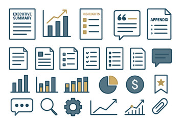 Outlined business report and analytics icons with charts and documents