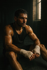 Sweaty muscular boxer resting on gym floor after intense workout, emotional focus. generative AI
