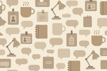 Seamless neutral-toned pattern with office icons like mugs, lamps, and chat bubbles