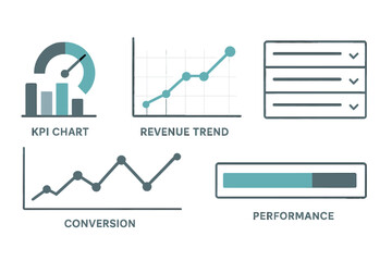 Dark-themed dashboard UI with charts for KPIs, revenue, and performance