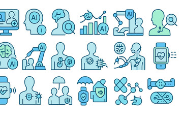 Futuristic medical and AI healthcare icons on gradient background