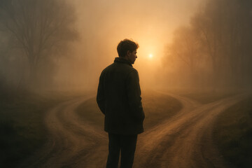 Man standing at foggy fork in the road at sunrise, symbolic life decision moment. generative AI
