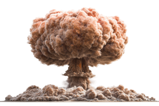 Dramatic explosion of a large mushroom cloud in open landscape, cut out