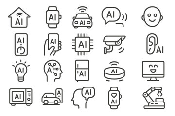 Set of AI and smart technology line icons on dark background