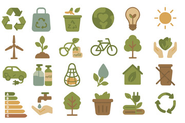 Eco-friendly lifestyle and sustainability icons on soft background