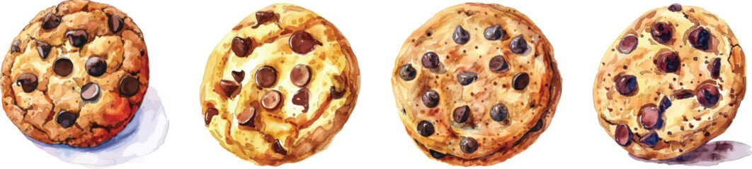 Chocolate Chip Cookies Watercolor, Vector Illustration Isolated on White Background
