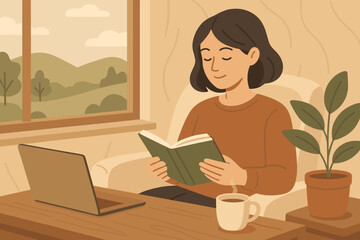 Cozy indoor reading session with a woman enjoying a book and hot beverage in a serene environment