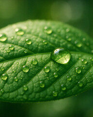 Vertical macro of a dew-covered green leaf with natural bokeh background
