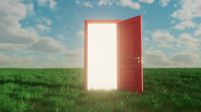 Bright sunlight streaming through red wooden door, revealing verdant field under cloudy sky, symbolizing transformative journey, new opportunities, and emerging potential