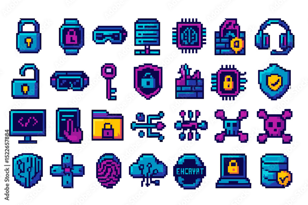 Poster collection of pixel art icons representing cybersecurity concepts and tools for digital protection a