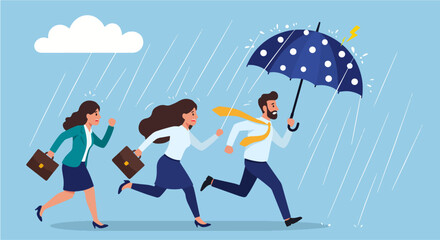 Illustration of four business professionals running in panic from white streaks symbolizing abstract danger or chaos