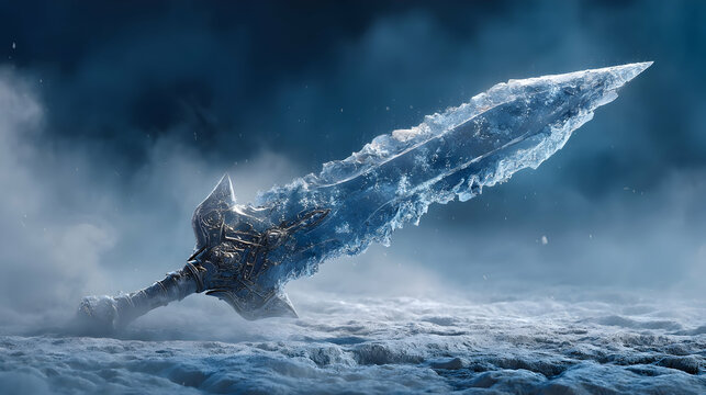 A mystical frozen sword lies on a snowy landscape symbolizing power, adventure, and ancient legends in a fantasy realm during twilight