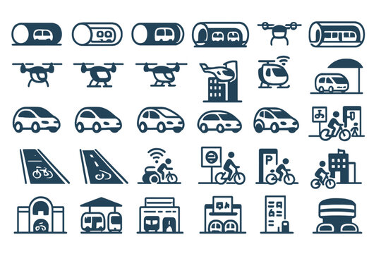 Various modes of transportation represented in simple icons showcasing urban mobility and travel options