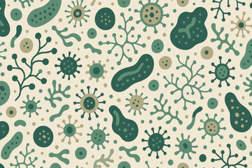 Microbial patterns showcasing diverse bacteria and microorganisms in various shapes and sizes on a light background