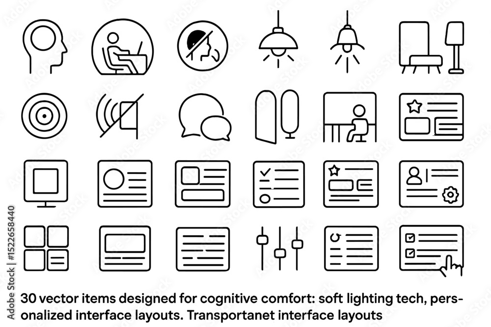 Poster vector illustrations showcasing design elements for cognitive comfort in technology settings with so