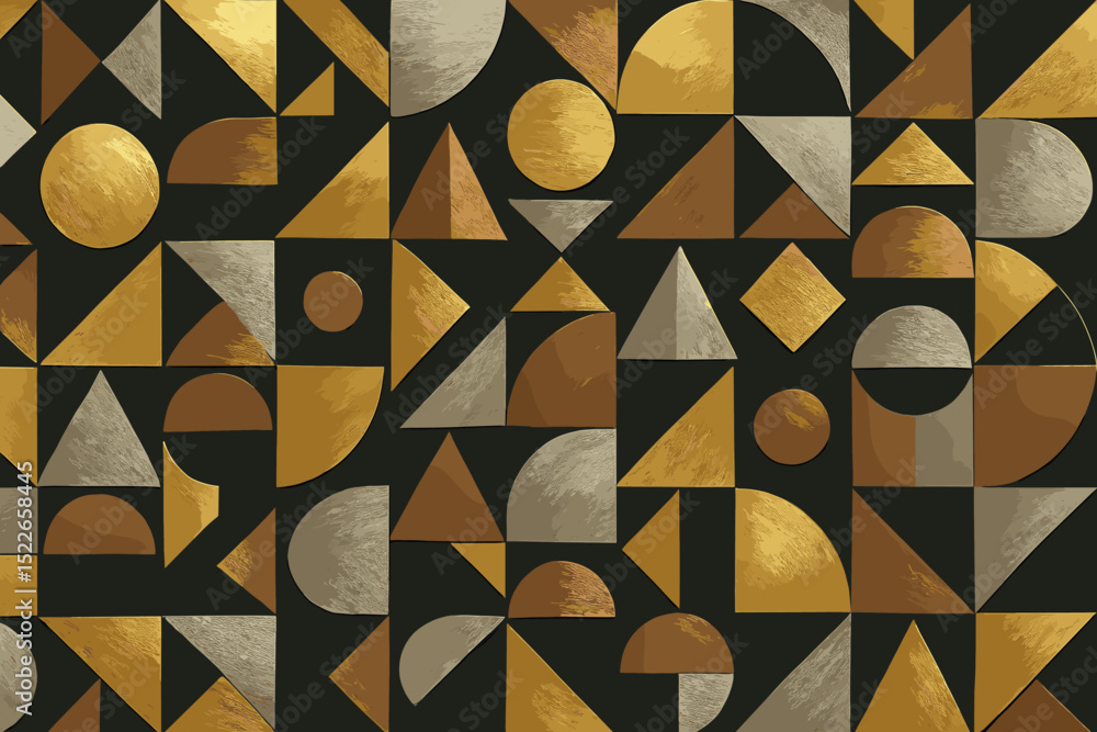 Poster geometric patterns in gold and silver tones on a dark background create an elegant modern design sui