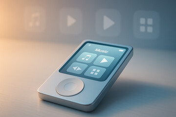 Minimalist music device with interface glowing on sleek screen in soft ambient light. generative AI