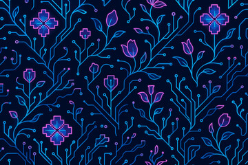 Fototapeta premium Vibrant floral and circuit pattern on a dark background showcasing a fusion of nature and technology