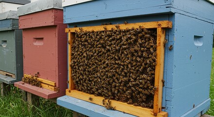 Honeybees Clustering on Honeycomb in Colorful Beehives