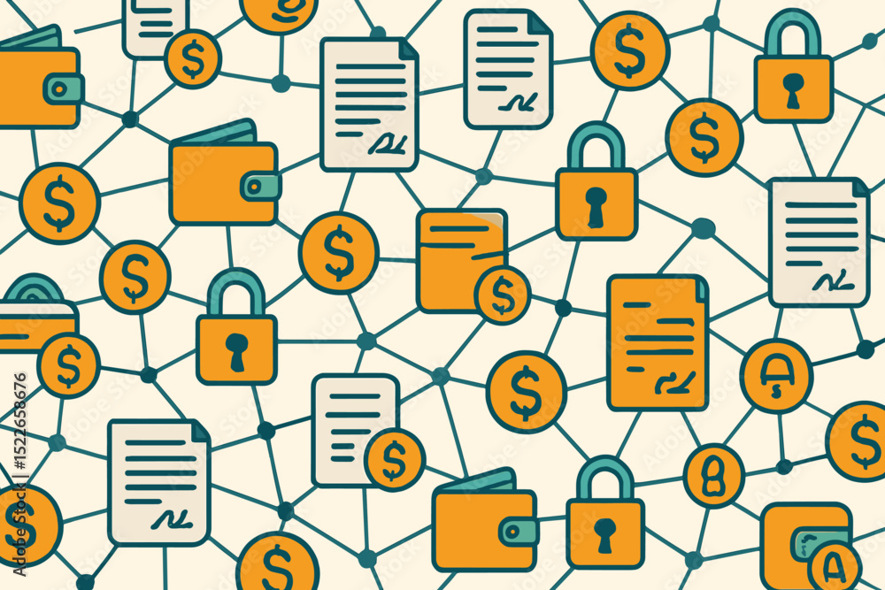 Poster financial technology network showcasing digital currency wallets and secure transactions represented