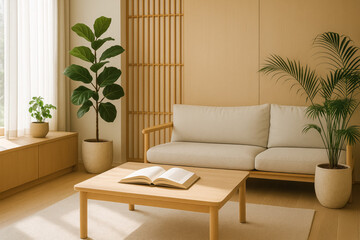 Japanese-inspired minimalist living room with soft light, beige sofa, plants and book. generative AI
