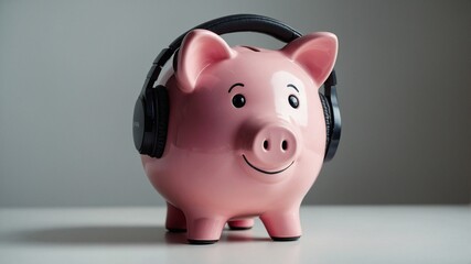 Bright Pink Piggy Bank with Headphones on a White Background for a Fun Savings Concept