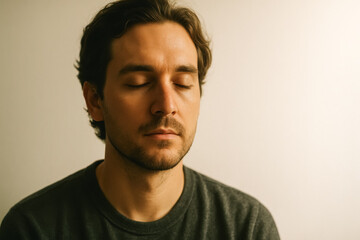 Obraz premium Young man with closed eyes meditating in soft natural light. Calm and peaceful mood. Generative AI