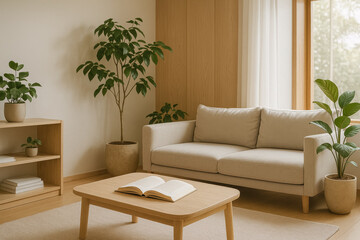 Bright minimalist living room with plants and natural wood furniture, cozy peaceful atmosphere, generative AI
