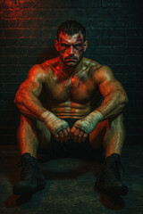 Muscular man with bruised face resting after fight, sitting on floor under dramatic light. generative AI