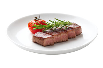 Grilled steak slices with roasted tomato and rosemary garnish on white plate, cut out