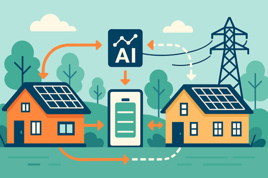 Illustration depicting the integration of AI in managing solar energy systems for smart homes