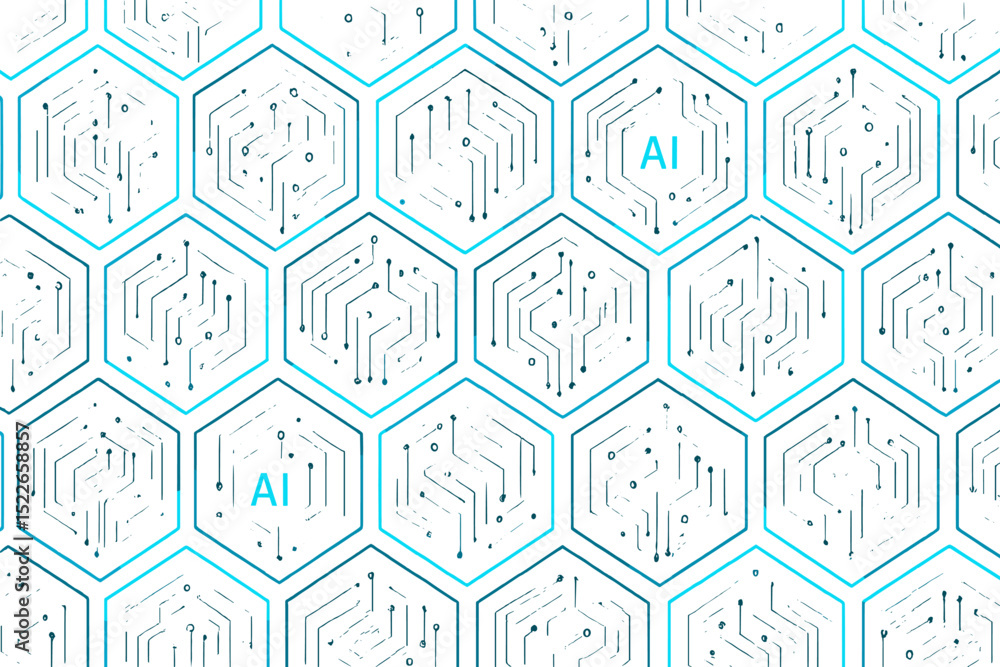Poster creative pattern of hexagons featuring ai circuits with a clean modern aesthetic in a technological 