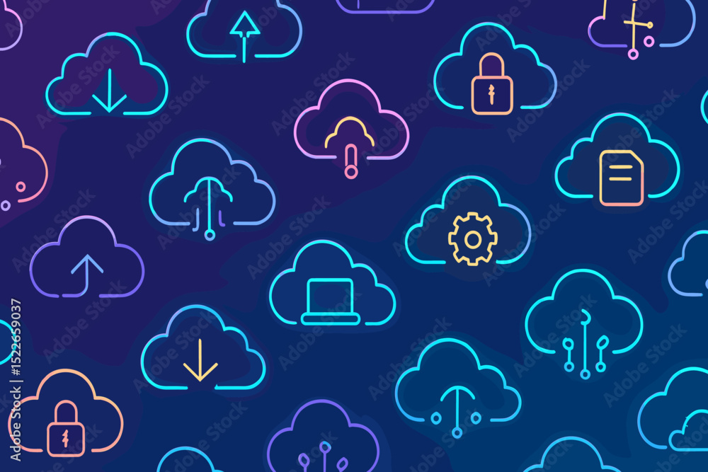 Poster modern cloud technology icons in vibrant colors on dark background representing data management and 