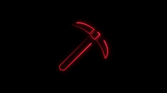 Abstract glowing construction industrial digital neon sign for service center workshop shop beautiful shiny with miner's pick for repair icon.Pickax Icon.