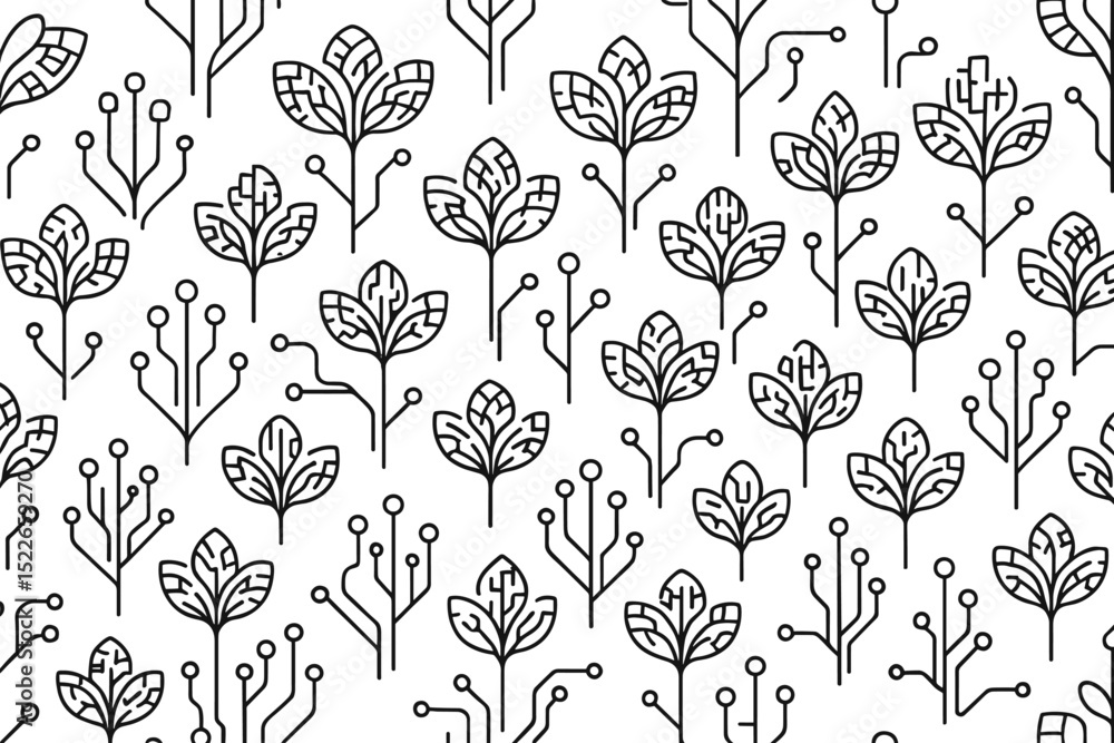 Poster modern botanical illustration featuring interconnected leaves and circuitry design in a monochrome p