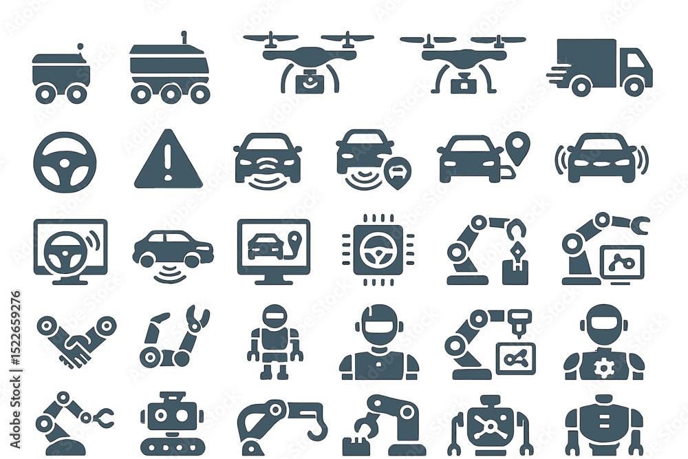 Aufkleber various icons representing automated vehicles, drones, and robotic technology in a modern context
