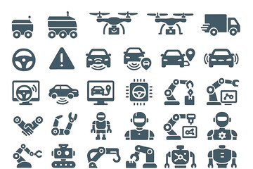 Various icons representing automated vehicles, drones, and robotic technology in a modern context