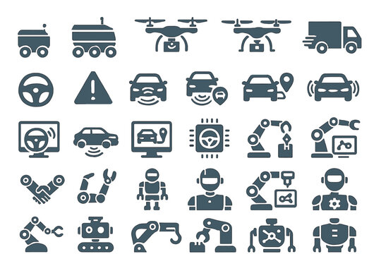 Various icons representing automated vehicles, drones, and robotic technology in a modern context